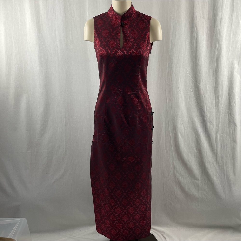bebe Red Brocade Sleeveless Cheongsam Maxi Dress
